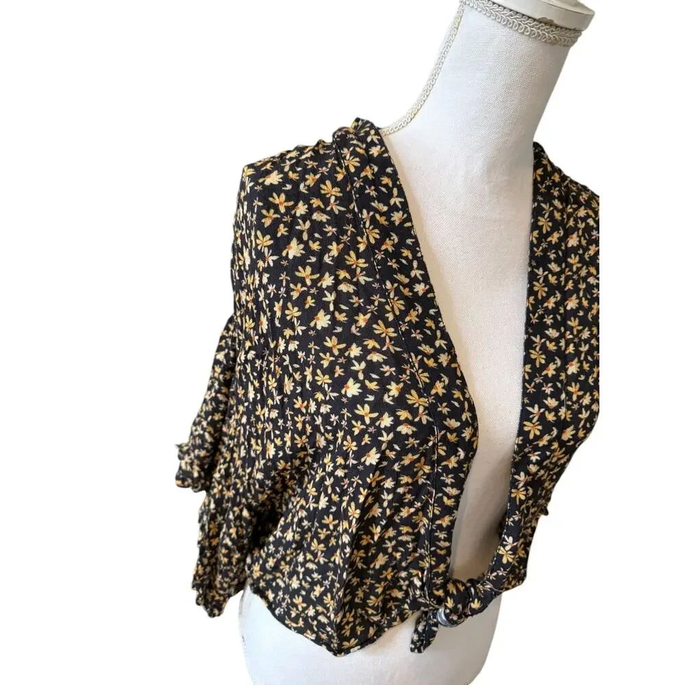 Free People Calisto Bed Jacket Tie Front Top Blackbird Combo XS